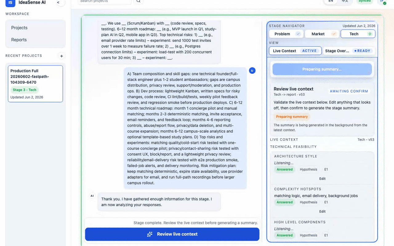 IdeaSense AI dogfooding report showing the decision overview and DVF score.