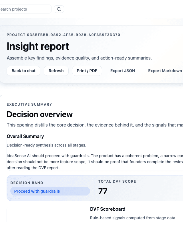 Close-up of the IdeaSense AI dogfooding report with the decision band and score.